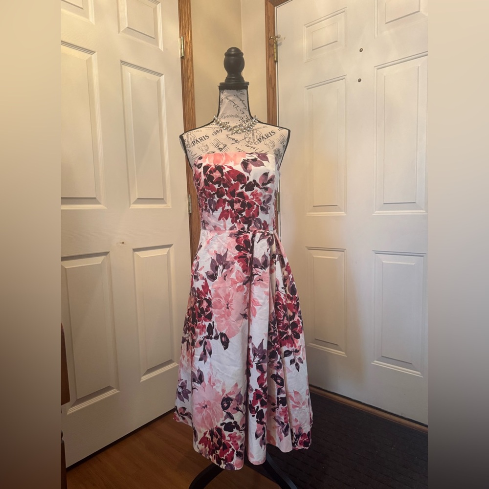 White House Black Market Sleeveless Pink and Burgundy Floral Fit-and-Flare Dress